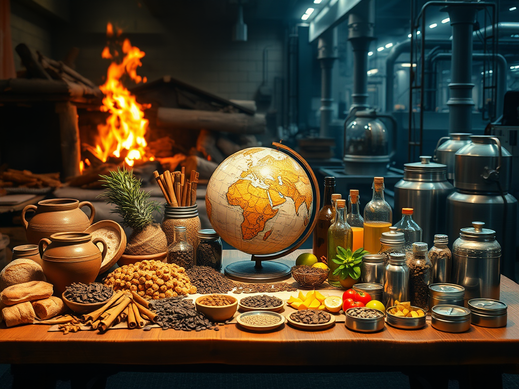 Illustration de l'évolution des pratiques alimentaires à travers l'histoire. À gauche, une scène rustique avec des pots en argile et des pains artisanaux évoque les traditions culinaires anciennes. Au centre, un globe terrestre entouré d'épices et d'ingrédients exotiques symbolise les échanges commerciaux des grandes découvertes. À droite, des équipements industriels et des conserves en métal reflètent les transformations alimentaires de la révolution industrielle. Une composition visuelle représentant l'impact culturel, économique et technologique sur notre alimentation.