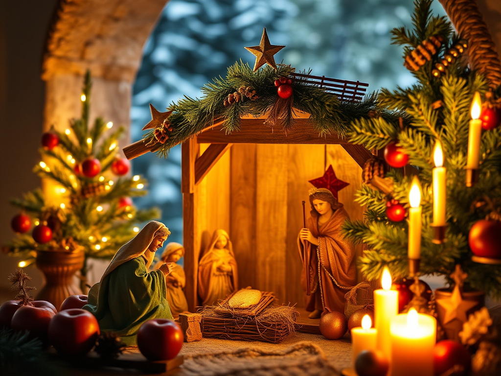 Scène de la Nativité avec des figurines traditionnelles dans une ambiance chaleureuse de Noël, décorée d'un sapin orné de boules rouges et de bougies allumées.