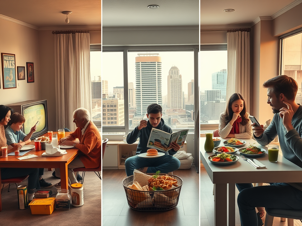 Une représentation visuelle des habitudes alimentaires à travers les générations : à gauche, une famille des baby-boomers partage un repas simple devant un téléviseur vintage, symbolisant l’essor des produits industriels et des supermarchés. Au centre, une scène des générations X et Y montre un homme mangeant un fast-food, reflétant l'influence des chaînes comme McDonald’s et la prise de conscience des régimes alimentaires. À droite, un couple de Millennials savoure des plats colorés et équilibrés tout en utilisant un smartphone, illustrant une alimentation durable et connectée portée par les réseaux sociaux.