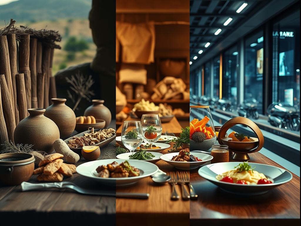 Une illustration symbolisant l'évolution des habitudes alimentaires à travers les générations. À gauche, une table rustique en bois avec des pots en argile et du pain symbolise les traditions anciennes. Au centre, un repas gastronomique moderne est disposé sur une table élégante, reflétant les pratiques contemporaines. À droite, une table futuriste avec des plats innovants et minimalistes représente l'alimentation de demain. L'arrière-plan montre un paysage évolutif, de la campagne à la ville moderne, illustrant le progrès sociétal.